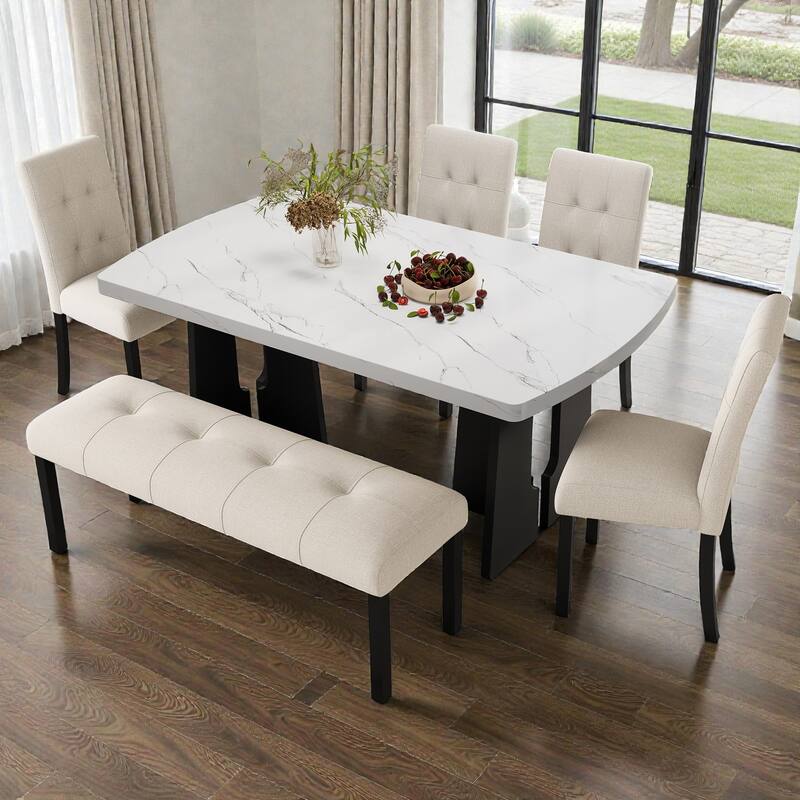 6-Piece Modern Dining Set with 63" Faux Marble Table, Geometric Legs, 4 Upholstered Chairs & Bench for Kitchen Dining Room - Beige