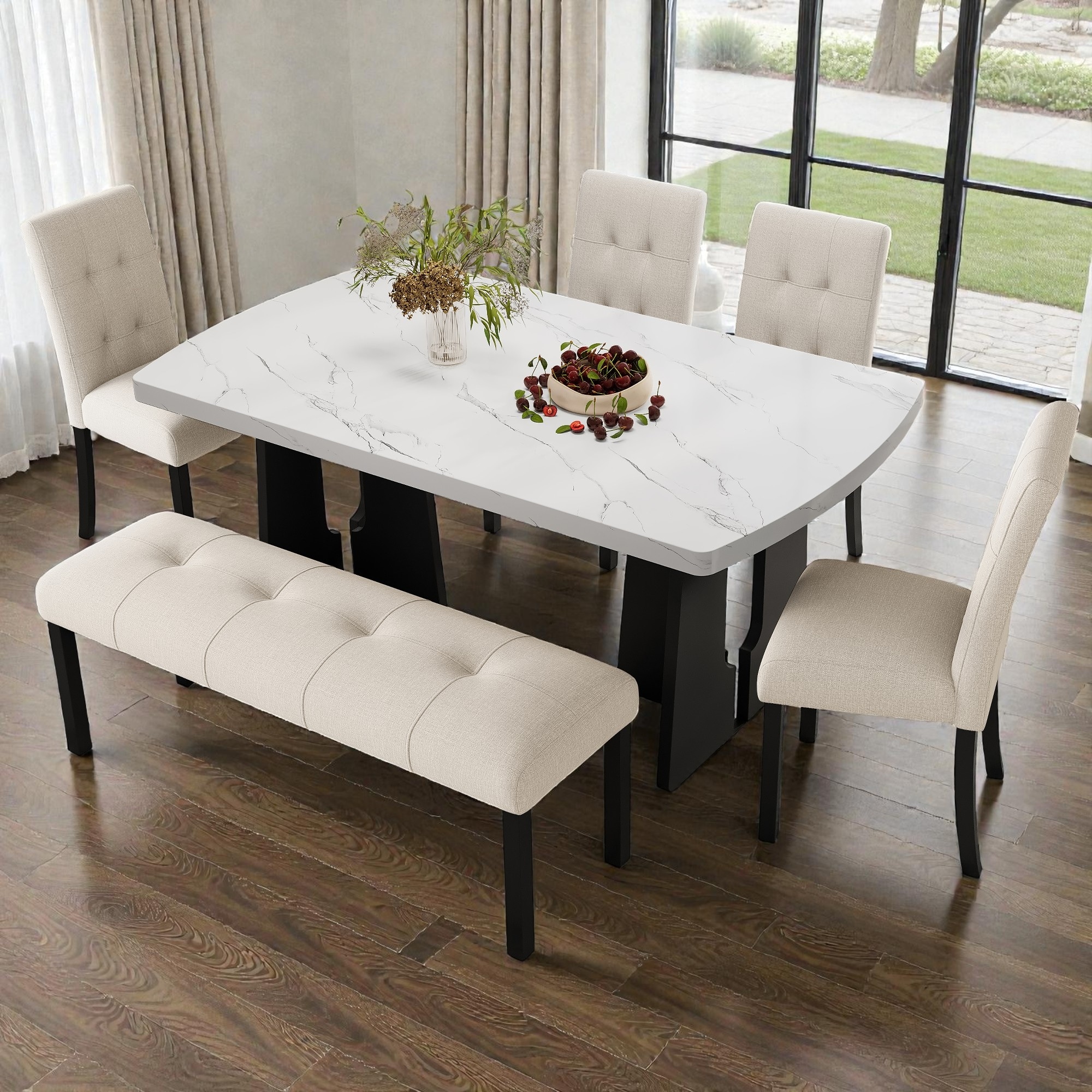 6-Piece Modern Dining Set with 63" Faux Marble Table, Geometric Legs, 4 Upholstered Chairs & Bench for Kitchen Dining Room