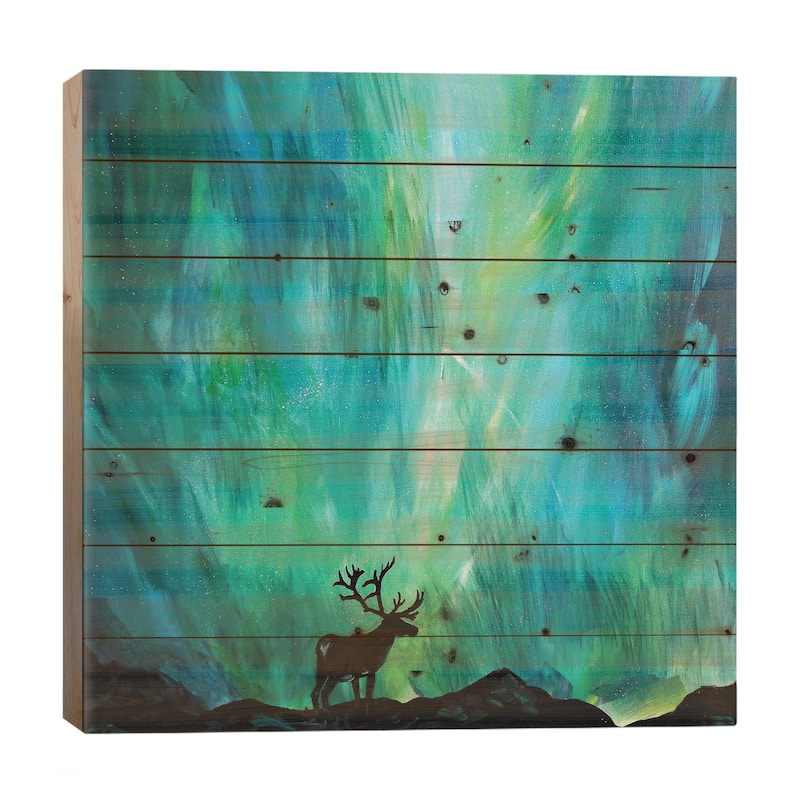 Elk Northern Lights Print On Wood by Lindsey Dahl - Multi-Color - 26x26x1.5