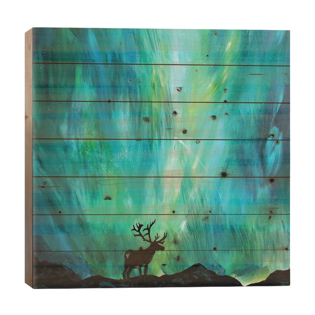 Elk Northern Lights Print On Wood by Lindsey Dahl - Multi-Color