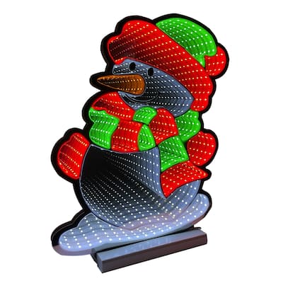 LED Lighted 3D Snowman Christmas Infinity Mirror on Wooden Base - 23"