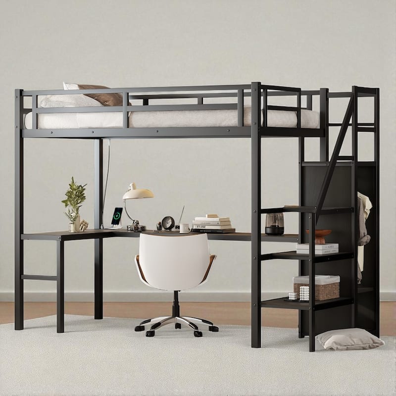 Twin XL/Full XL Metal Loft Bed with L-Shaped Desk, USB, LED Lights, Wardrobe & Storage Stairs for Kids/Teens/Adults