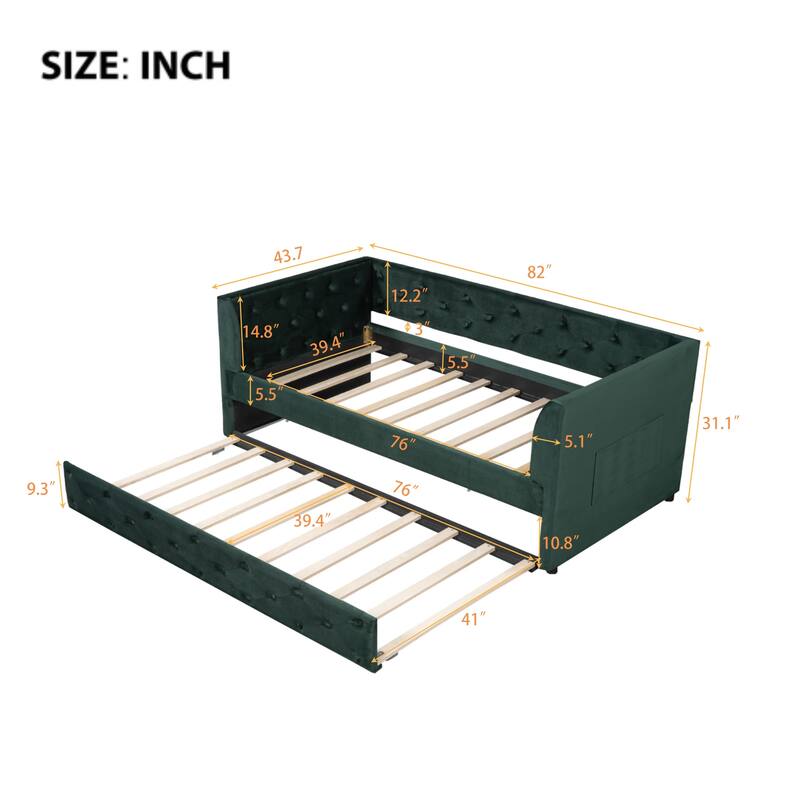 Twin Velvet Tufted Daybed with Trundle & Storage - 400LB Capacity