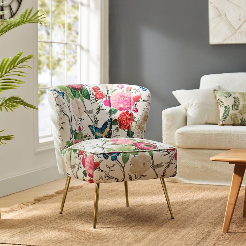 Amata Bold Patterned Tufted Side Chair with Goldtone Legs - IVORY