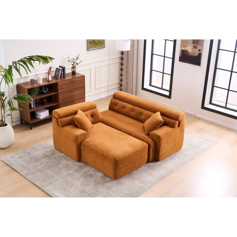 Combining Chaise Longue With 3-Seater, Wood Grain Chenille Fabric, Full Sponge Compression Sofa,Combined Sofa With 2 Pillows