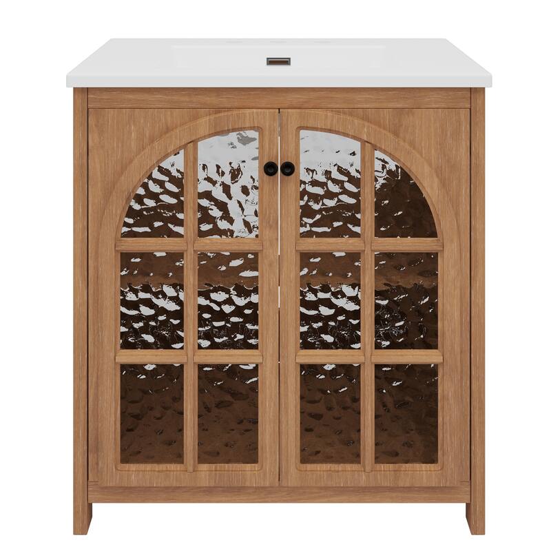 31" Farmhouse Bathroom Vanity with Ceramic Sink, Vintage Rustic Bathroom Cabinet with Bronze Pulls and 2 Soft-Closing Doors