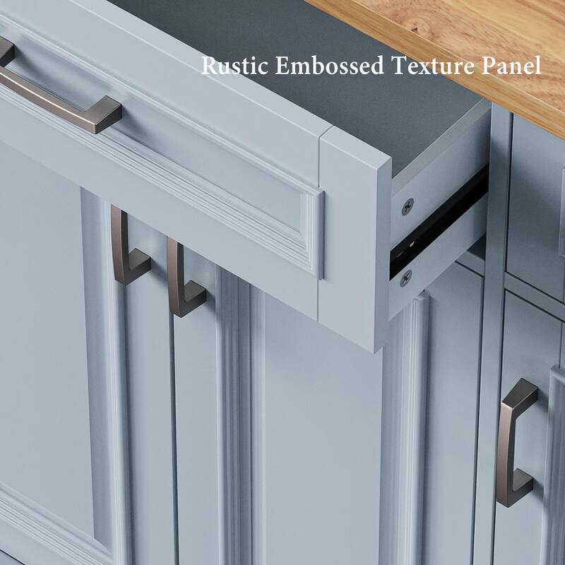 54'' Large Kitchen Island with Rubber Wood Drop Leaf, Embossed Texture Rolling Kitchen Cart on 4 Wheels with 4 Doors & 3 Drawers