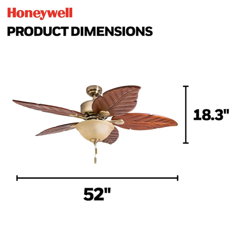 52" Honeywell Royal Palm Aged Brass LED Ceiling Fan with Light, Pull Chain