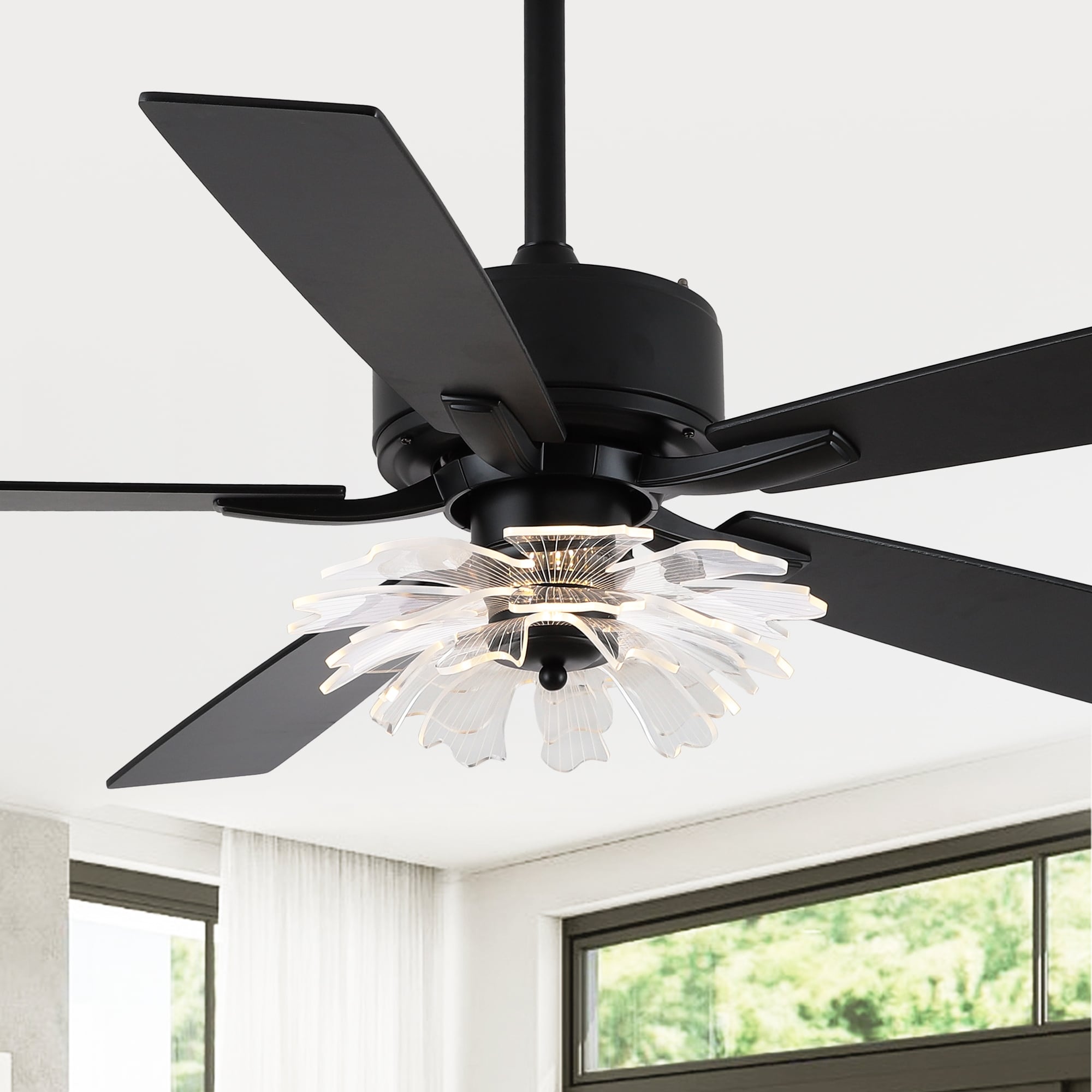 52-inch Modern Acrylic Petals Matte Black DC Ceiling Fan with Light and Remote