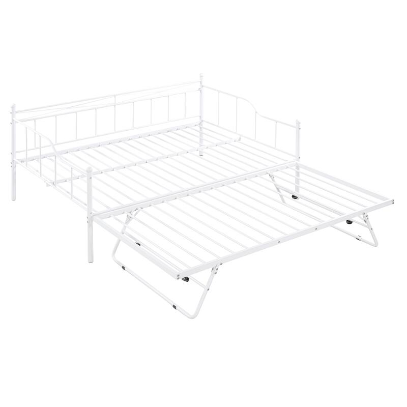Full Size Metal Daybed with Twin Adjustable Trundle, Portable Folding