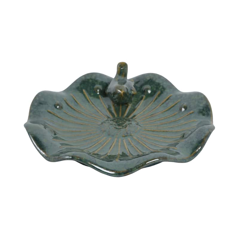 Stoneware Flower Birdbath Perched Bird in Glaze Finish - 10" Green - 10" x 10" x 2"