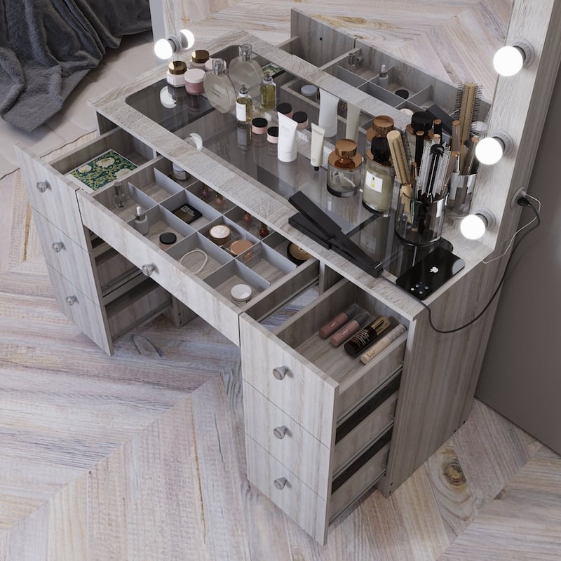 Boahaus Vanity Desk Glass Top with 7 Drawers & Lights Crystal knobs