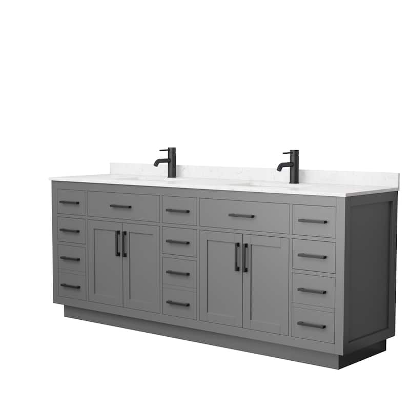 Beckett TK 84-inch Double Vanity, Cultured Marble Top - Dark Gray, Black Trim,Carrara Cultured Marble Top