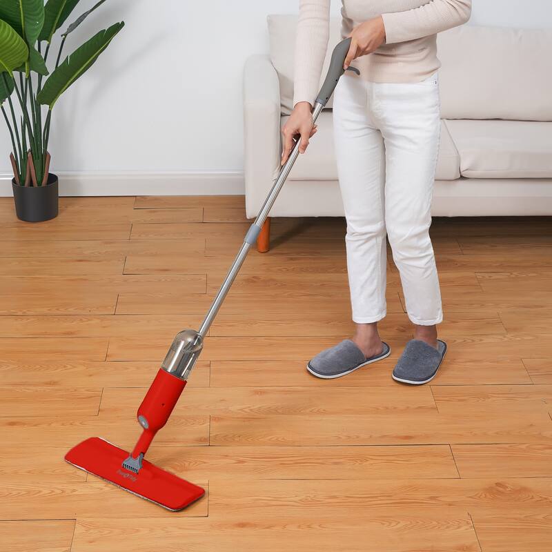 True & Tidy Spray Mop with 360-Degree Swivel Mop Head, Removable Water Tank, 1 Microfiber Mop Pad in Red