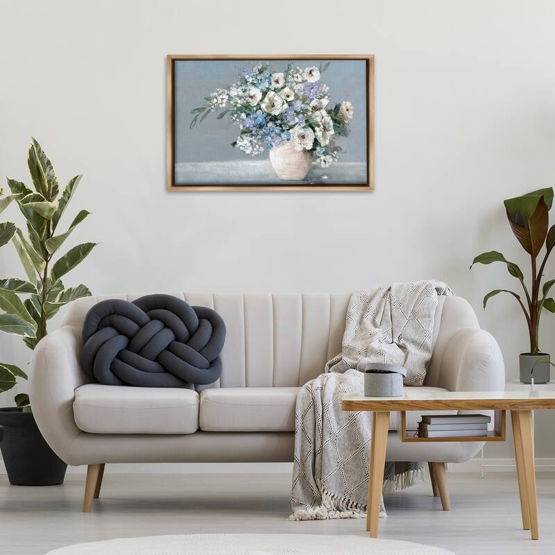 Stupell Elegant Blooms on Blue Framed Floater Canvas Wall Art Design By Sally Swatland