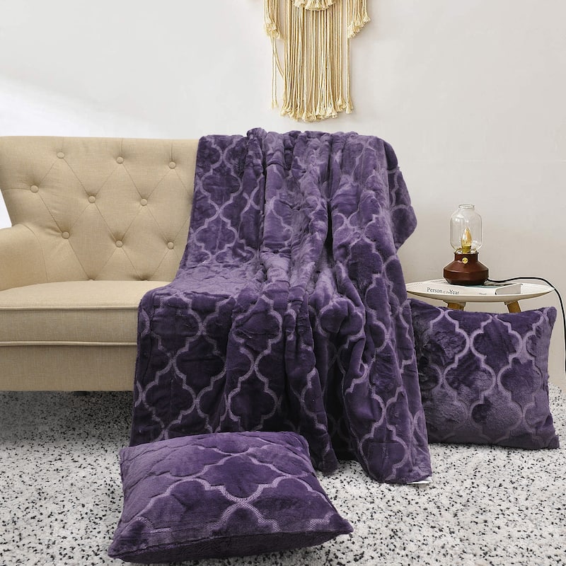 Ogee Tatami Fauxfur Throw Blanket with 2 Pillow Shells - Blackberry
