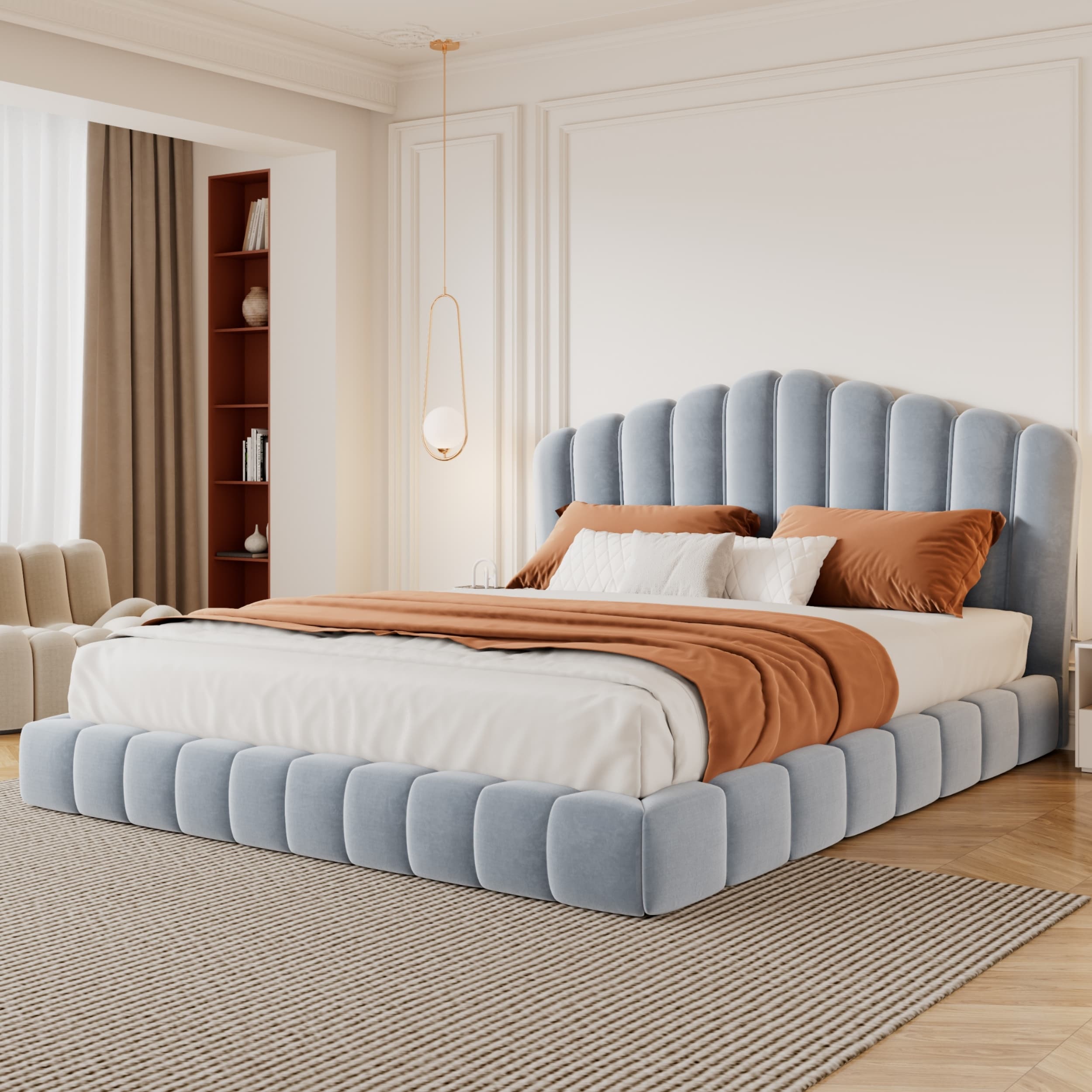 Light Blue Velvet Queen Floor Bed Frame, Shell-Shaped Upholstered Headboard, No Box Spring Needed