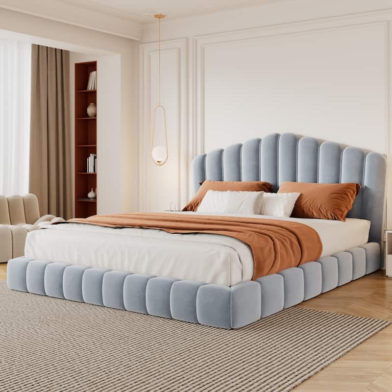 Velvet Upholstered Queen Bed Frame Floor Bed Shell-Shaped Headboard Wingback Frame Bed, No Box Spring Needed
