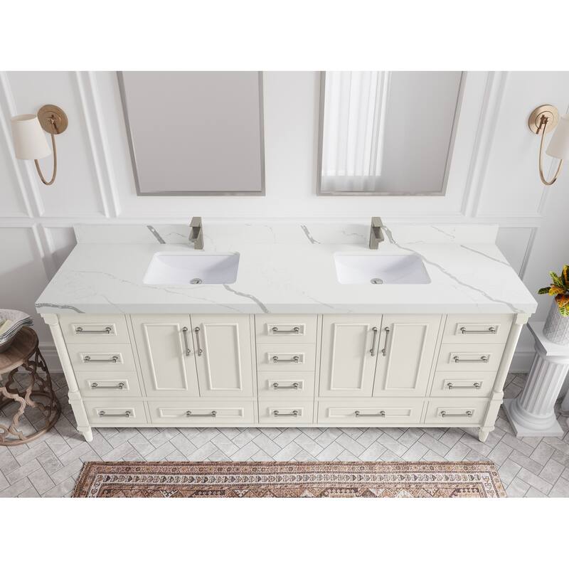 Willow Collections 84 in. W x 22 in. D Aberdeen Double Bowl Sink Bathroom Vanity with Countertop - 2" Calacatta Laza - Ivory