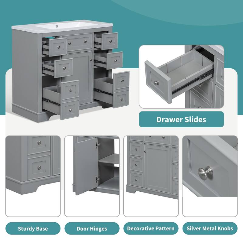 Bathroom Vanity with Ceramic Sink, Bathroom Storage Cabinet with 1 Doors and 6 Drawer, Bathroom Cabinet with Open Shelf