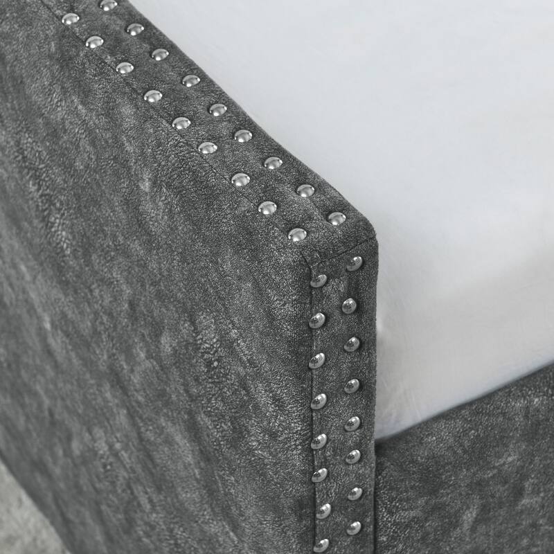 Roomfitters Twin/Full/Queen Upholstered Daybed with Tufted Backrest, Nailhead Trim and Underbed Storage Trundle, Grey