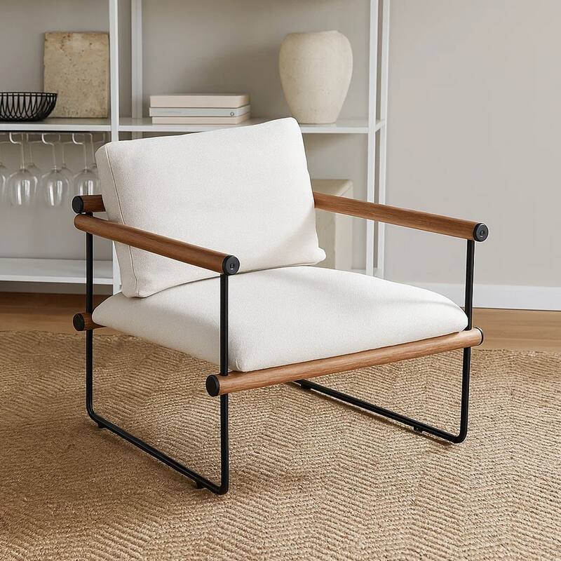 Accent Armchair, Brown Solid Wood Armrests, 31 Inch, Cream Fabric Seat