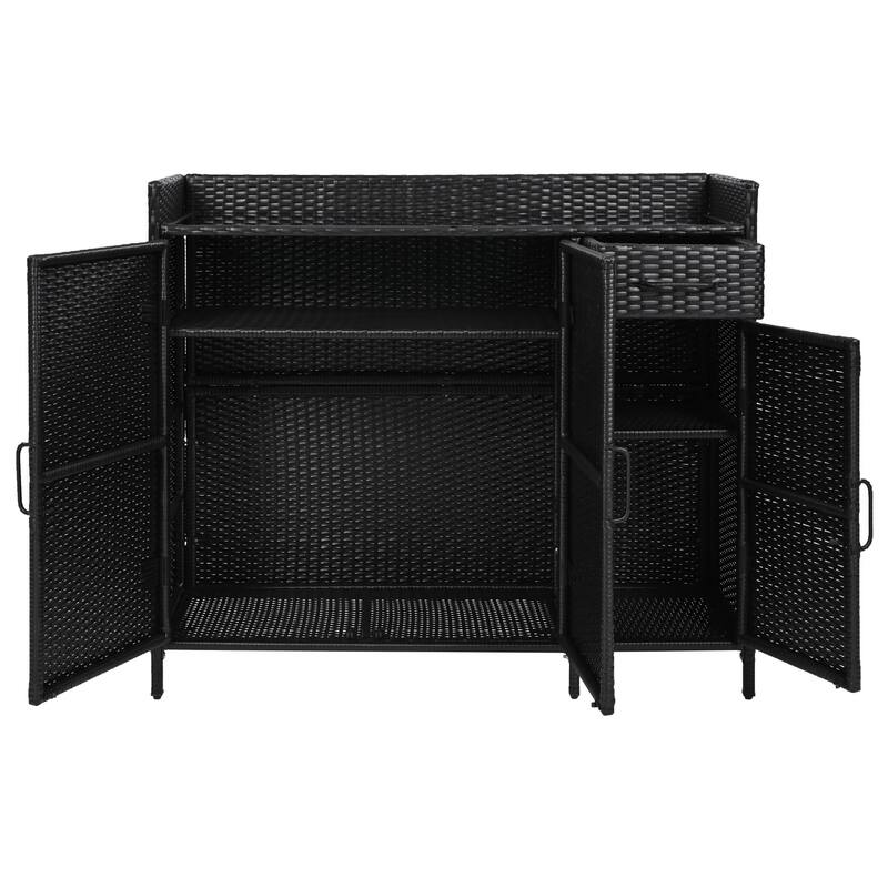 47.5"W Wicker Outdoor Storage Cabinet with Glass Desktop, Weather-proof Rattan Bar Table with Three Doors, Adjustable Shelf