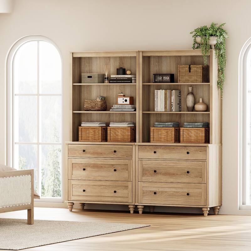 Oak Bookcase with Doors, Large Wood Farmhouse Book Case Shelf - 6 drawers