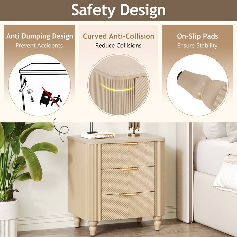 Bedside Table Champagne End Table Side Table with 3 Drawers, Storage Cabinet Corner Table Lamp Table