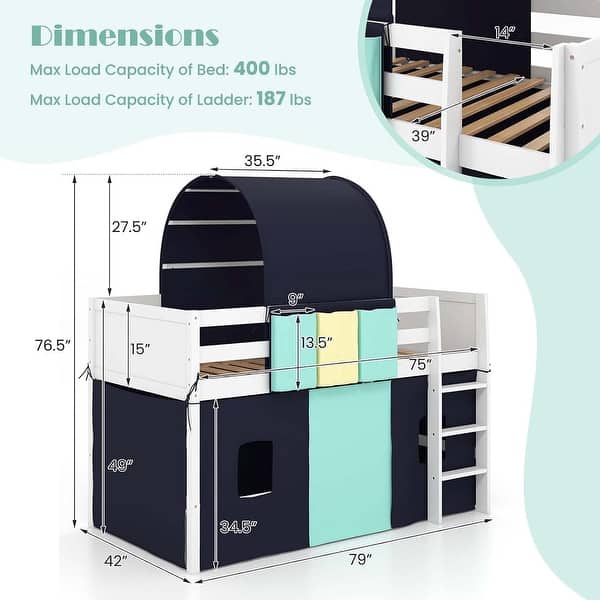 Loft Wood Bed Twin w/Tower 3 Storage Pockets Guardrail & Ladder