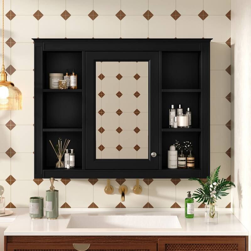 35'' Wall Mounted Bathroom Storage Cabinet with Mirror and 6 Open Shelves - Black