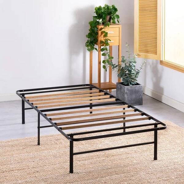 slide 2 of 9, Black Steel Bed Frame with Wicker Wood Slats, 14inch Height, Center Support Legs, Box Spring-Free Platform Design Twin
