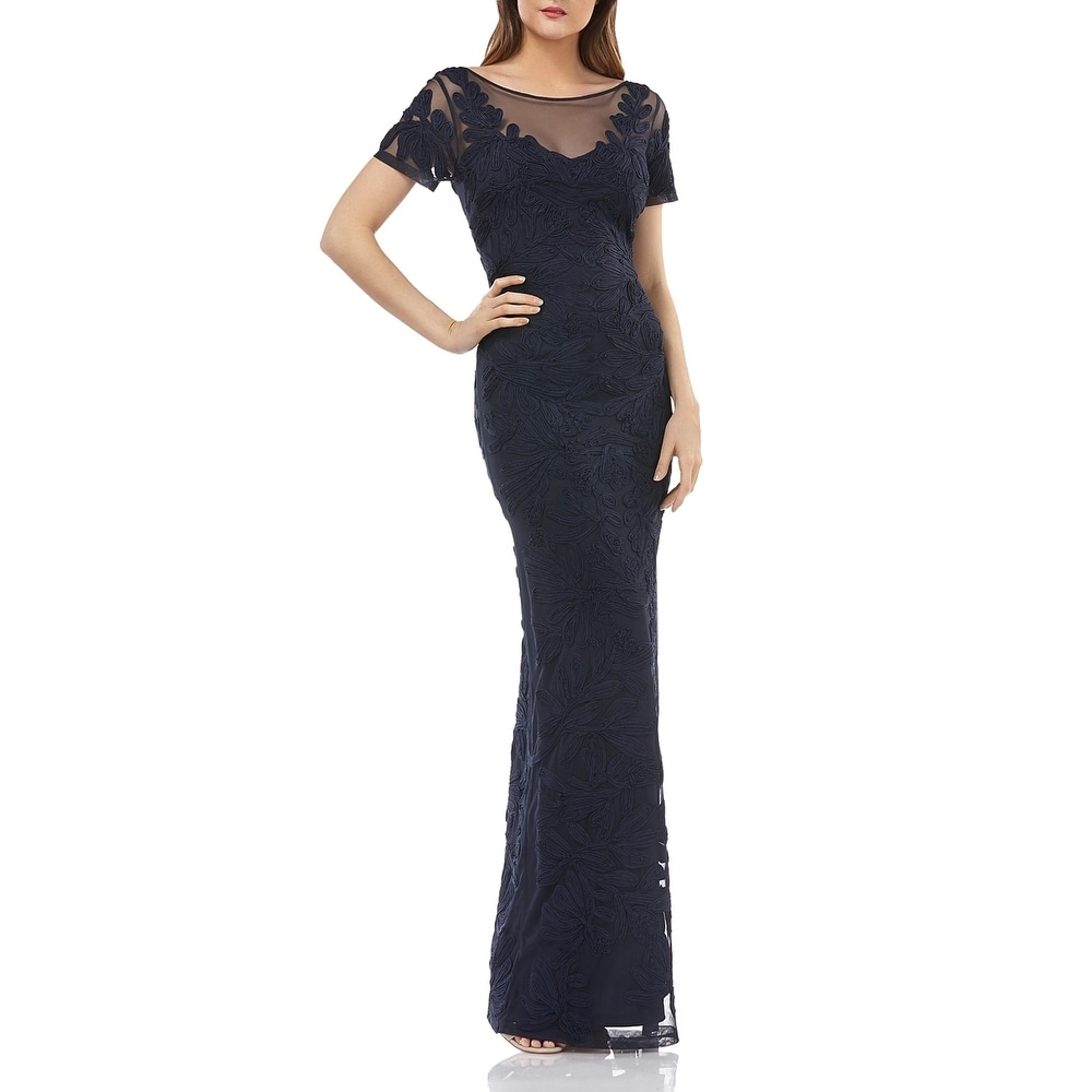 js collection embroidered overlay illusion lace evening dress