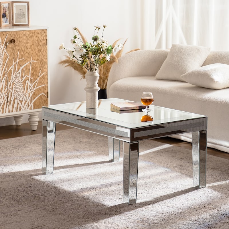 Silver Mirrored Coffee Table with Crushed Crystal Border, Clear Glass Rectangle Center Table for Living Room Luxury Accent Table
