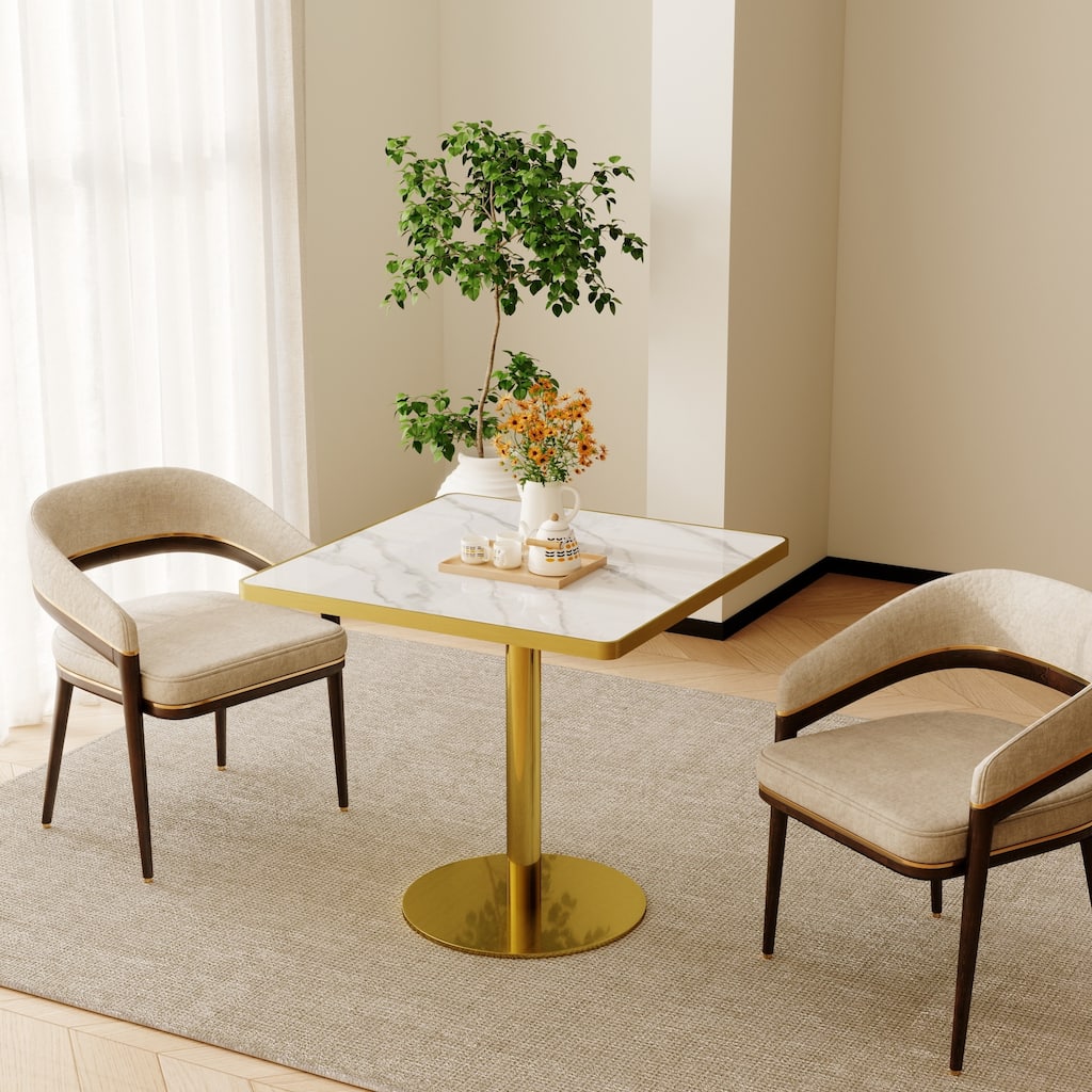Roomfitters 31.5" Square Dining Table with Faux Marble Top and Metal Pedestal Base for Small Kitchen Spaces