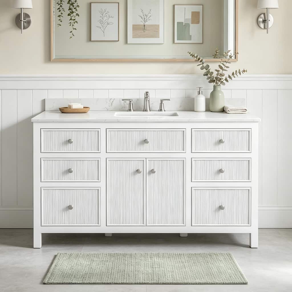 Junora 60 in. White Grooved Bathroom Vanity with Quartz Top