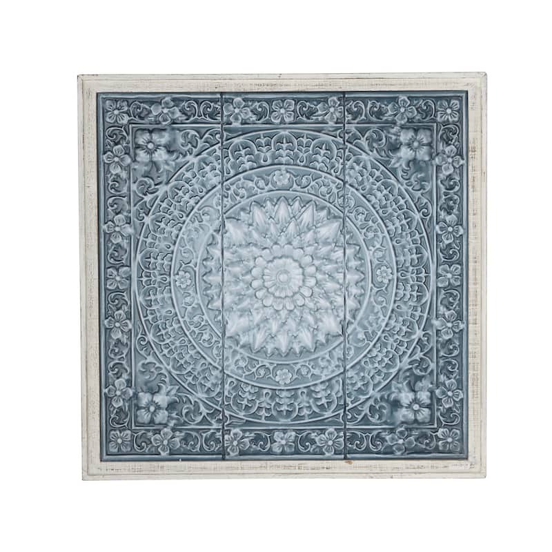 Metal Floral Embossed Mandala Scroll Home Wall Decor with White Wood Frame - Blue or Brown - Roche River Decor - Blue - 33"W, 34"H