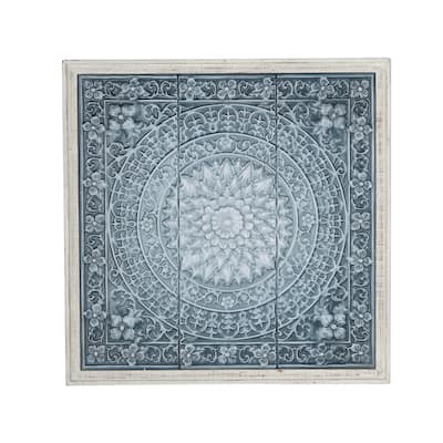 Metal Floral Embossed Mandala Scroll Home Wall Decor with White Wood Frame - Blue or Brown - Roche River Decor