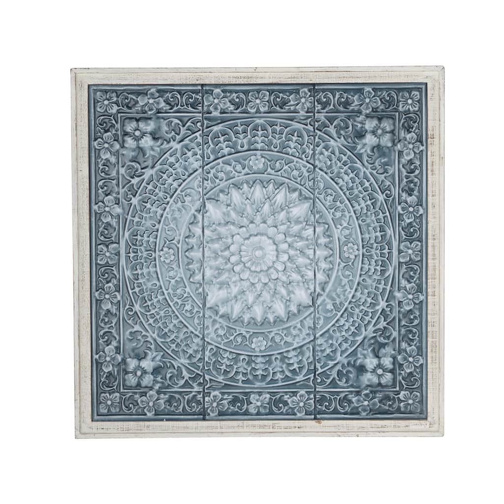 Metal Floral Embossed Mandala Scroll Home Wall Decor with White Wood Frame - Blue or Brown - Roche River Decor