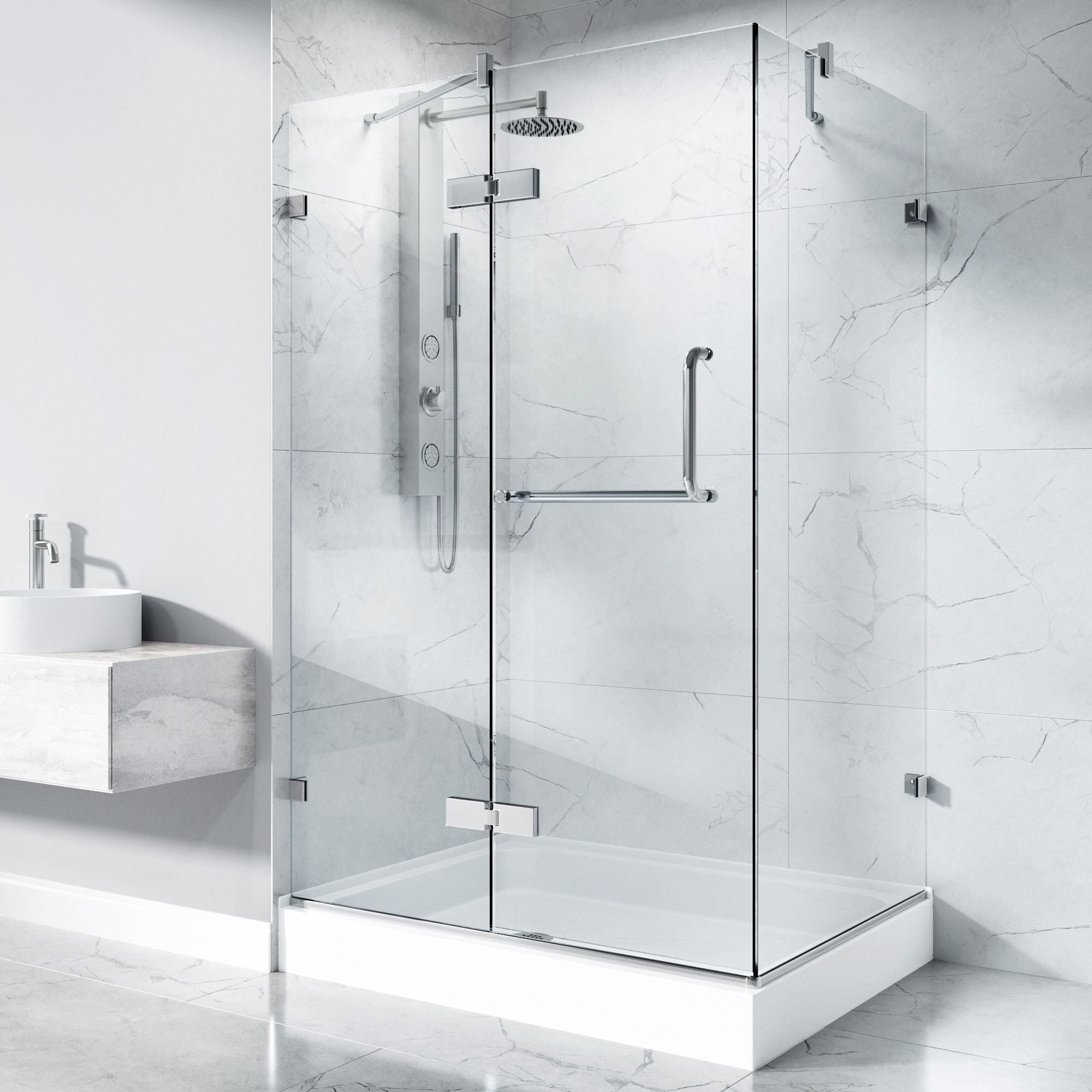 VIGO Monteray 36"D x 48"W x 79"H Frameless Hinged Shower Enclosure and Left Base