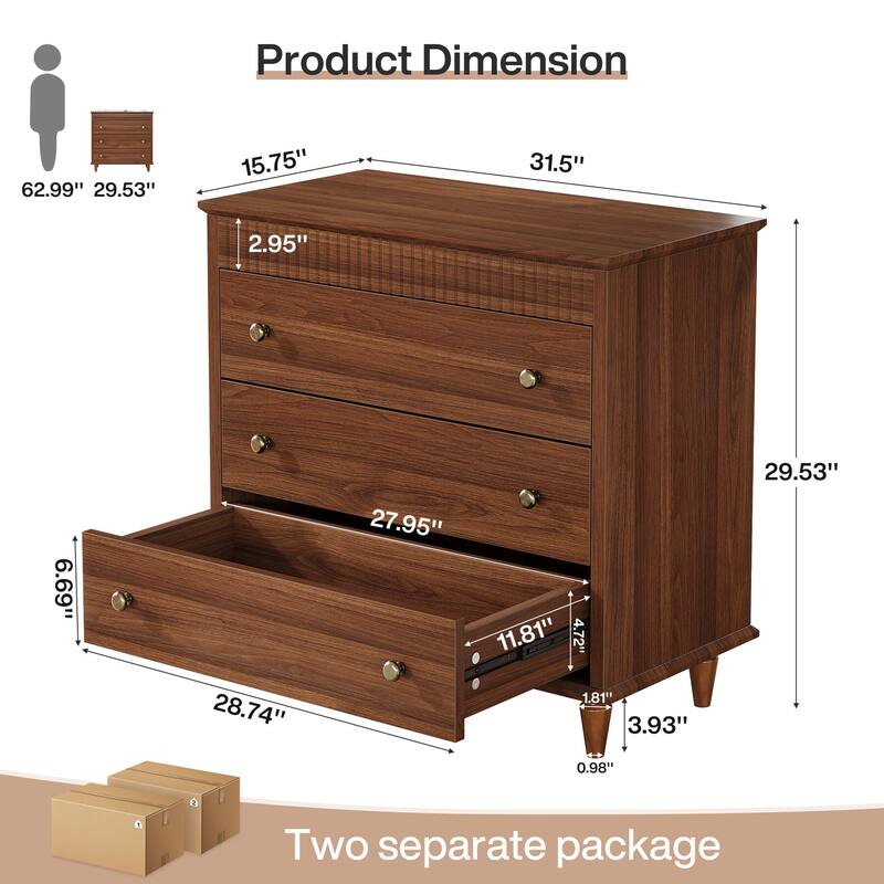 Nightstand with 3 Drawers, 31.5" Bedside Table with Mental Handles