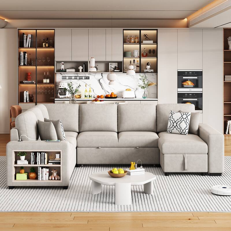 Beige 109" U-Shaped 6-Seater Sectional Sofa with Pull-Out Bed, Storage Chaise Lounge, 4 Back Pillows, and USB Charging Ports