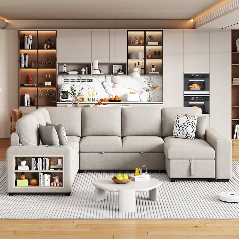 Convertible U-shaped Sofa Bed with Storage Chaise Lounge and USB Ports