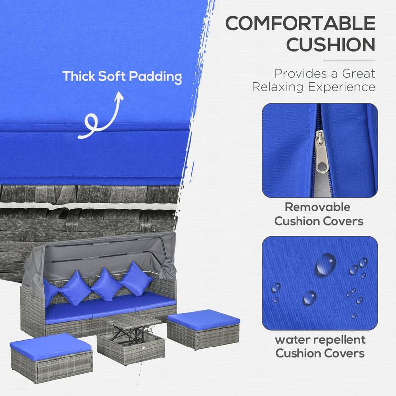Outsunny 4 Piece Patio Furniture Set with Cushions, PE Rattan Daybed with Retractable Canopy, Outdoor Sectional Sofa Set