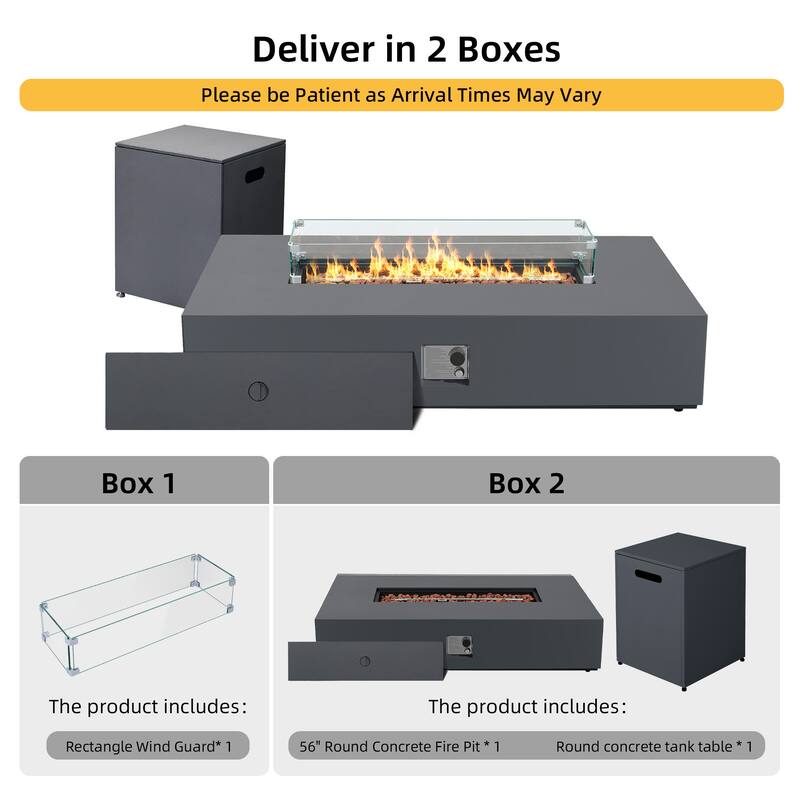 Patio Watcher iron outdoor fire pit table with gas tank cover, lid, and glass wind guard