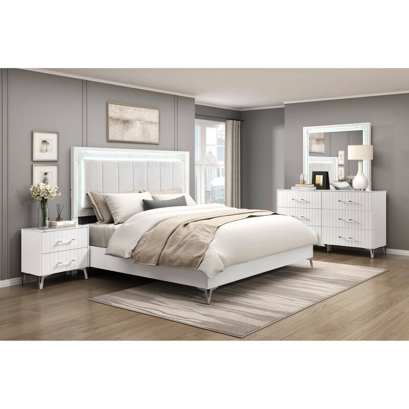Glamorous White Finish Bedroom Set LED Bed Faux Marble Panels - Eastern King - 4 Piece