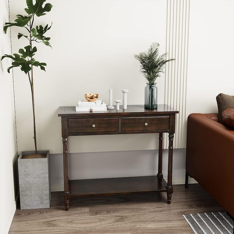 Entryway Table with Storage Drawers Console Table with Shelf - Dark Walnut