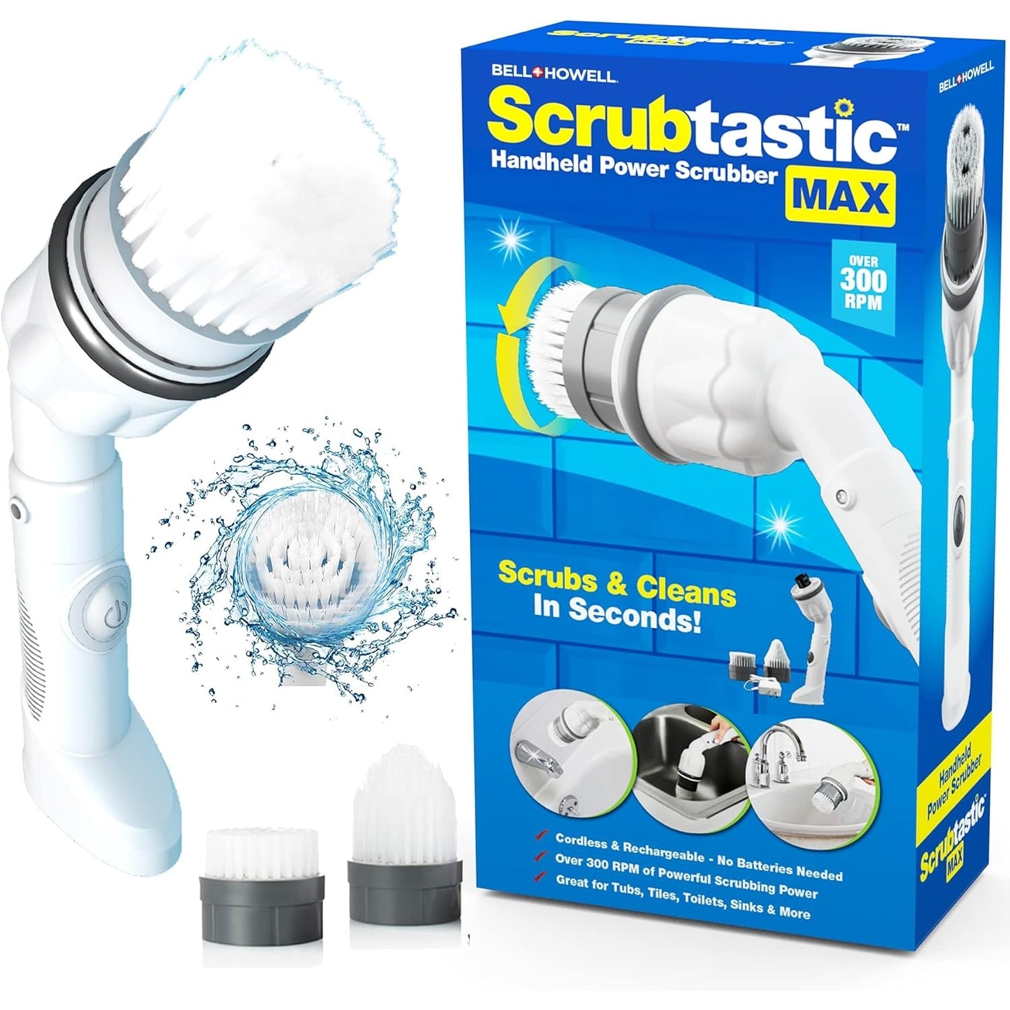 Bell + Howell Scrubtastic Max 2 Brush Heads Electric Rechargeable Handheld Scrubber Scrub Brush