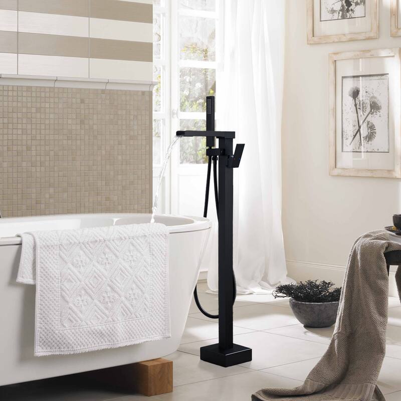 Freestanding Black Bathtub Faucet Tub Filler, Floor Mount Single Handle Bathroom Faucets with Hand Shower
