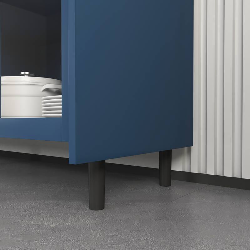 Blue Storage Cabinet Coffee Bar Cabinet Sideboard with 2 Drawers & Glass Doors, Buffet Table TV Console Table Display Cabinet